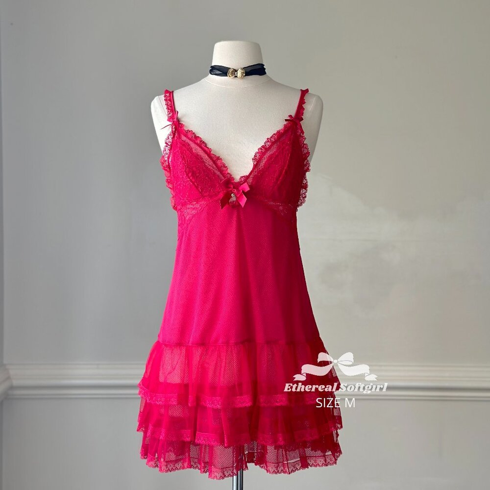 Eblin pinkish red babydoll slip dress featuring lace ruffles